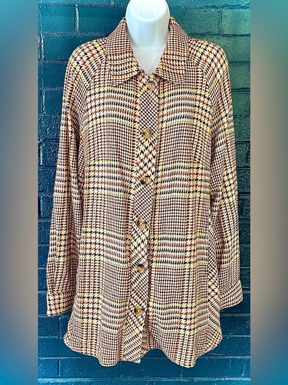 Plaid Button-Front Women's Top - Brown & Yellow Houndstooth